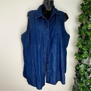Denim-Style Sleeveless Button Up Top with Lace Backing Size XXL